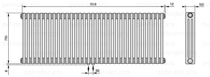 Схема (чертеж) Радиатор Zehnder Charleston 3075/33 №3470 Белый глянцевый RAL 9016